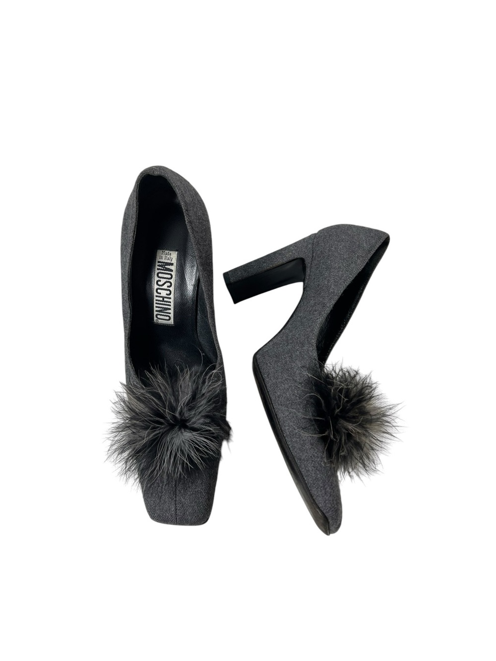 Moschino Gray Wool Fur Pom Block High Heels Size 37